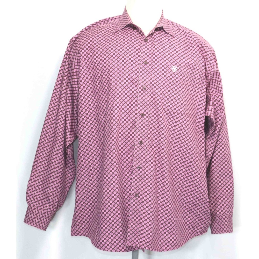 Ariat Finegan Classic Fit Print Button‎ Up Pink Brown Western Shirt Men Size 2XL